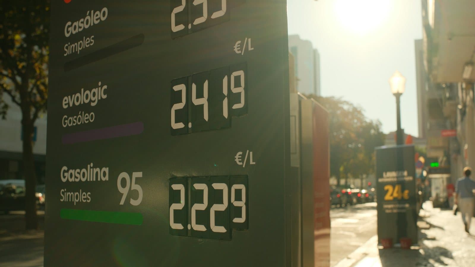 Fuel price board at a filling station, with diesel above €2.40 a litre