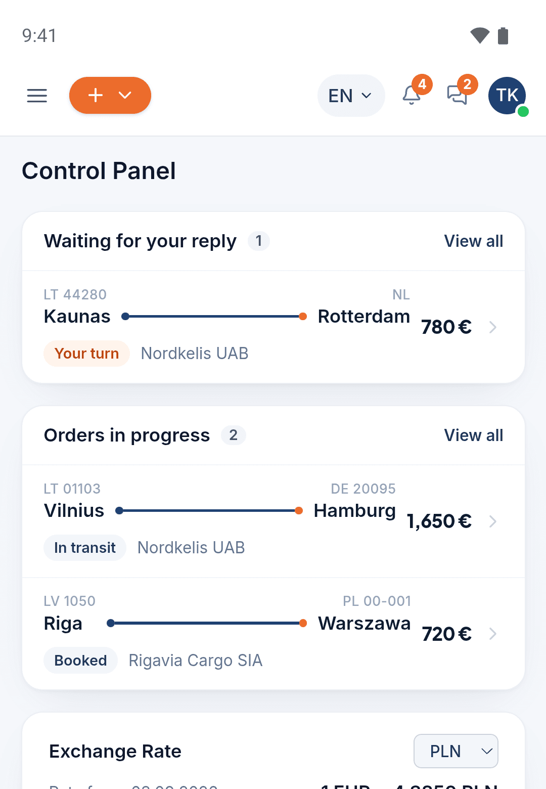 The Start2Load app on a phone: the Control Panel with an offer waiting for a reply and orders in progress