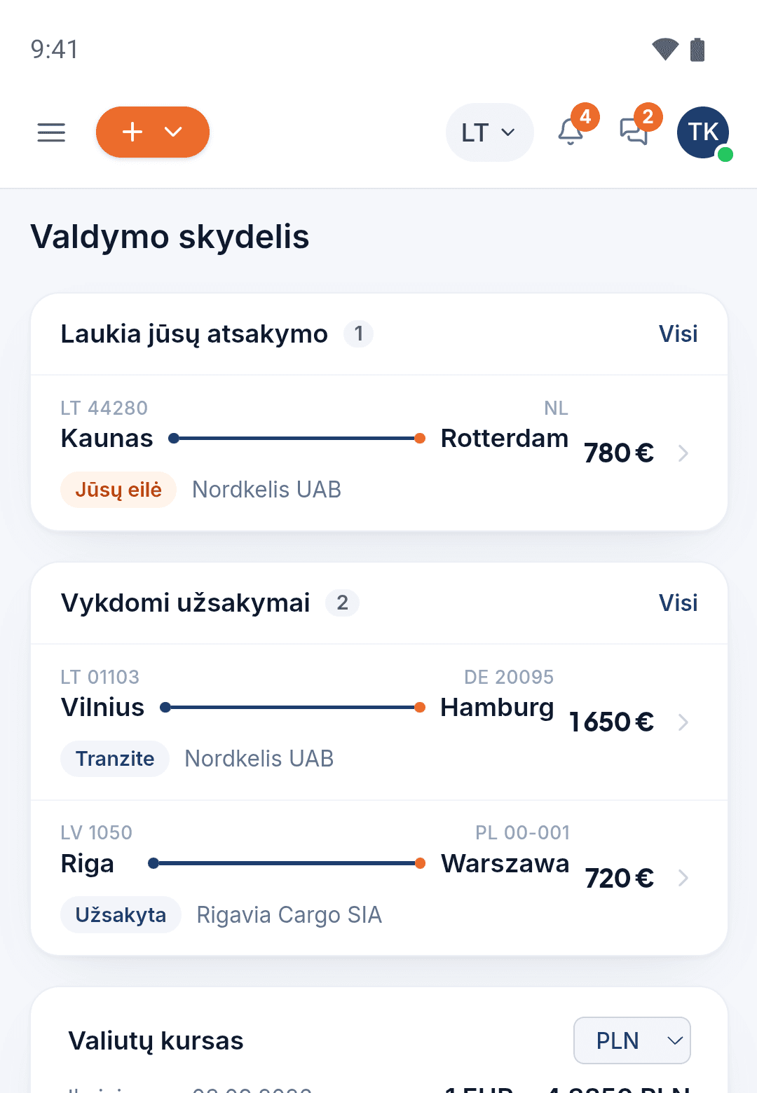 Start2Load programėlė telefone: valdymo skydelis su pasiūlymu, laukiančiu atsakymo, ir vykdomais užsakymais